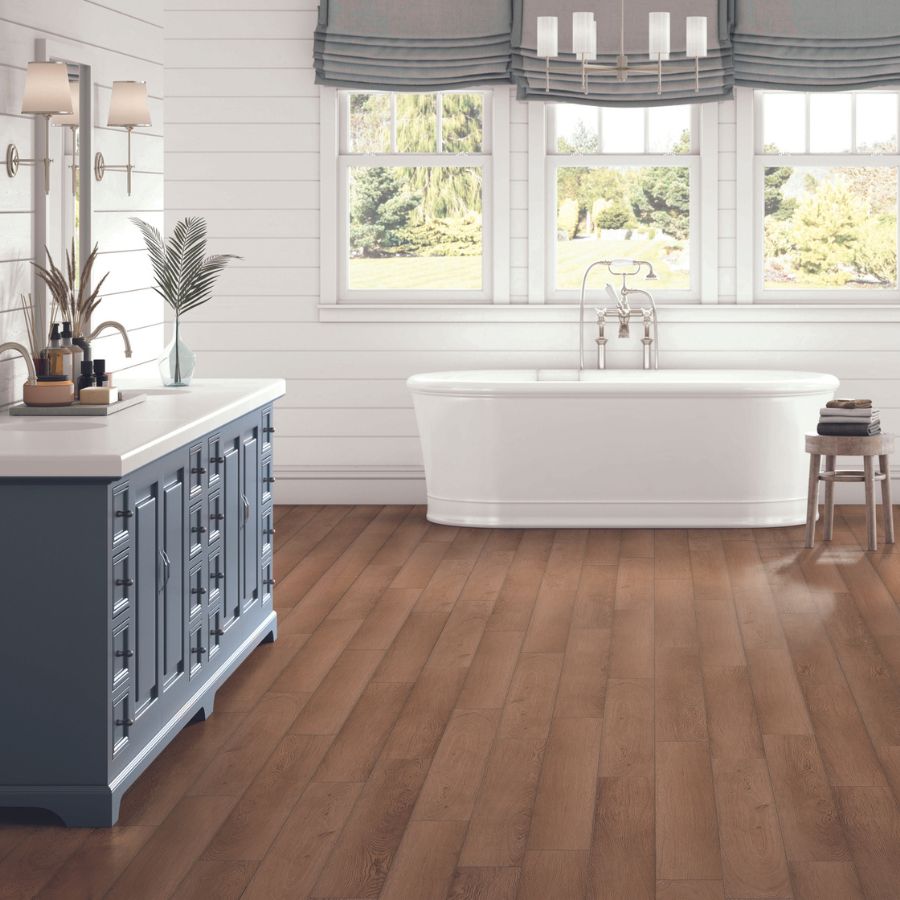 luxury vinyl plank flooring in a bright bathroom